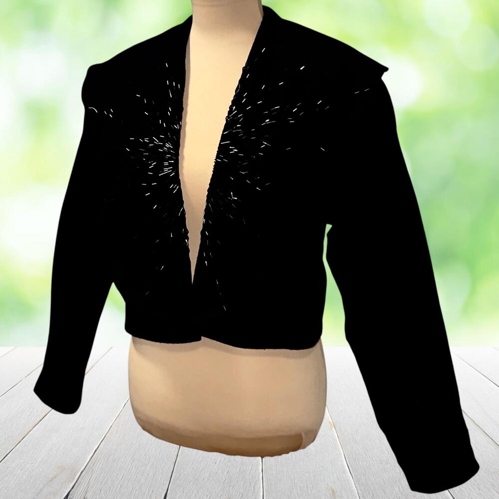 Vtg LINDA ALLARD ELLEN TRACY Hand Beaded Evening Jacket Wool Cropped Black Sz 6